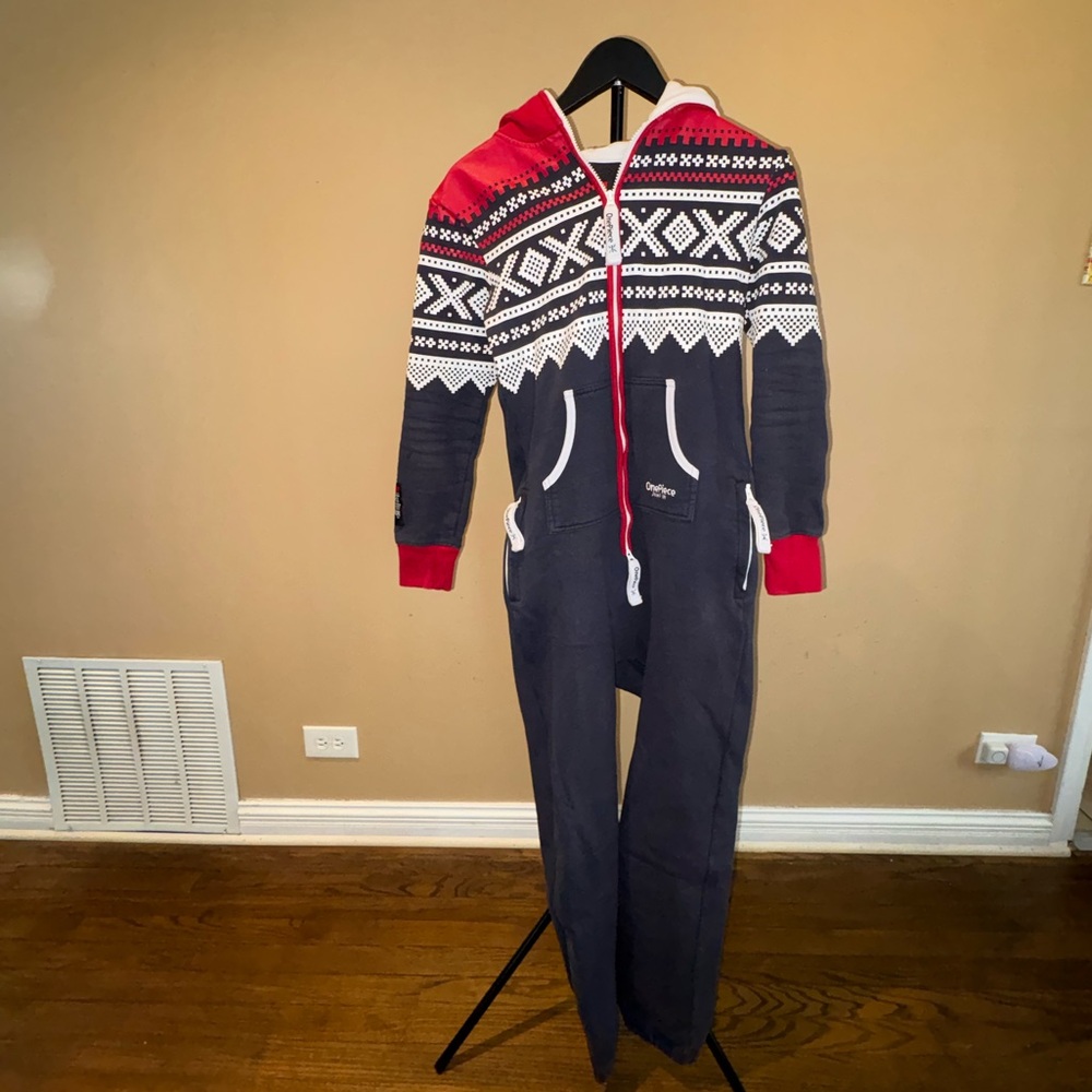 OnePiece Navy and Red Fair Isle Hooded Jumpsuit